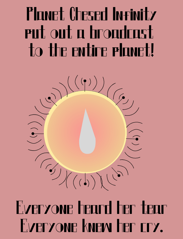 Planet Chesed Infinity put out a broadcast to the entire planet! Everyone heard her tear. Everyone knew her cry. A picture of Planet Chesed Infinity with a tear drop and electronic antennas all around the planet broadcasting.